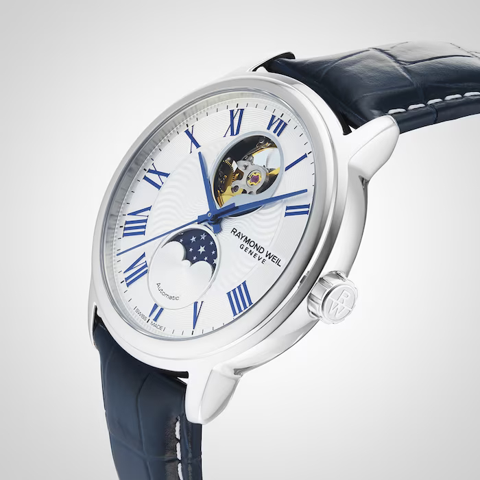 RAYMOND WEIL Maestro - Reloj automático para hombre, esfera plateada,  números romanos, fase lunar, correa de cuero azul de 1.555 in (modelo
